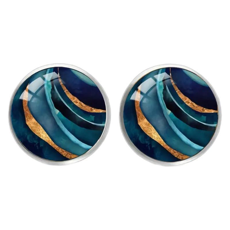 Exquisite Marbling Round Time Stone Glass Stainless Steel Studs