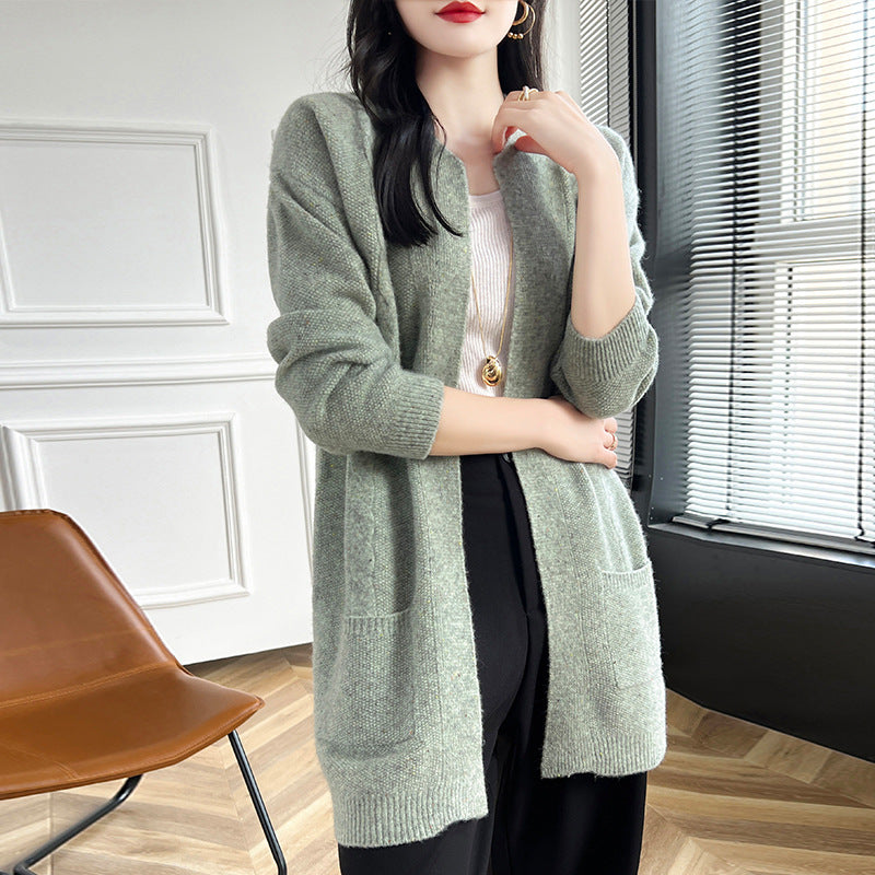 Round Neck Wool Cardigan Coat For Women