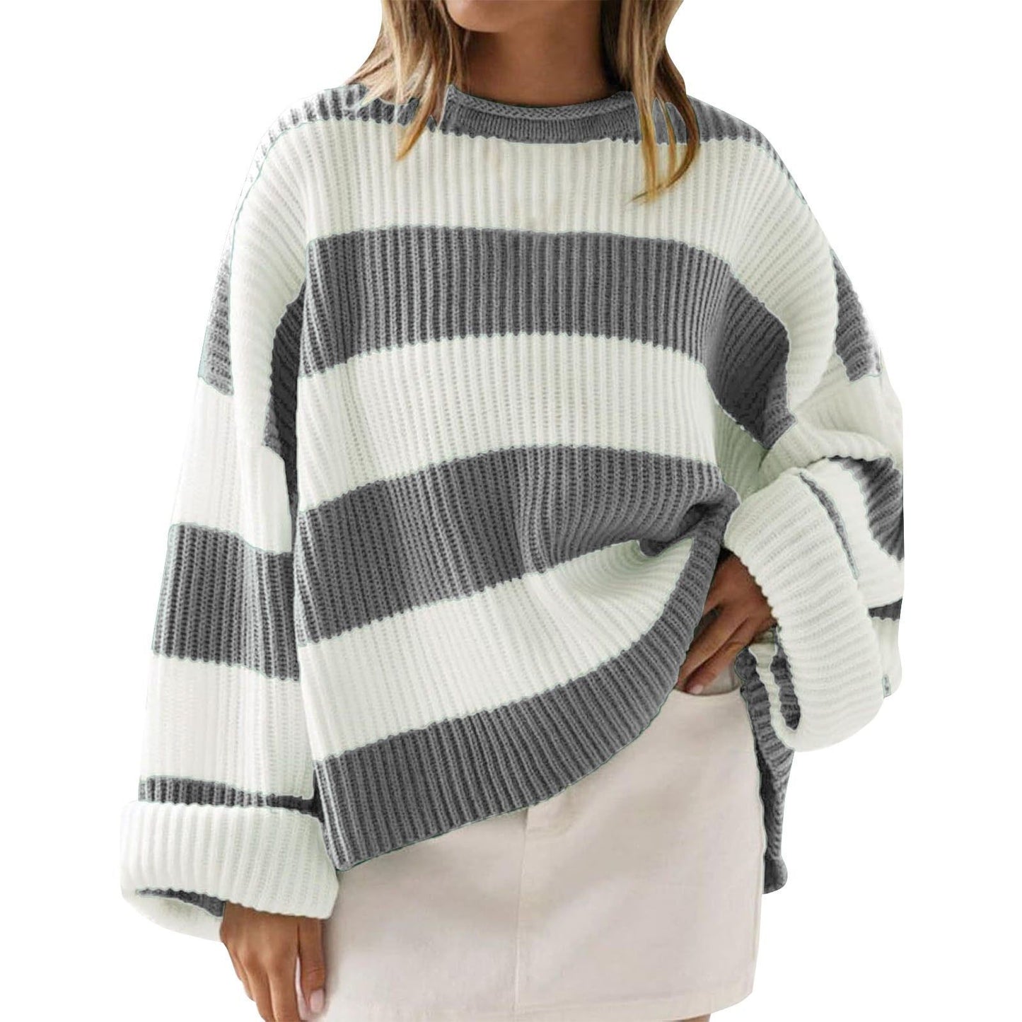 Women's Round Neck Long Sleeve Striped Loose Sweater