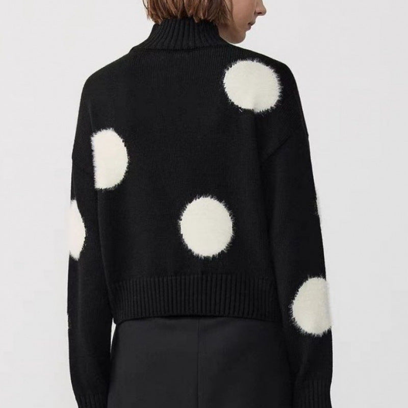 Autumn New Half Turtleneck Polka Dot Temperament Crew Neck Pullover Sweater Women