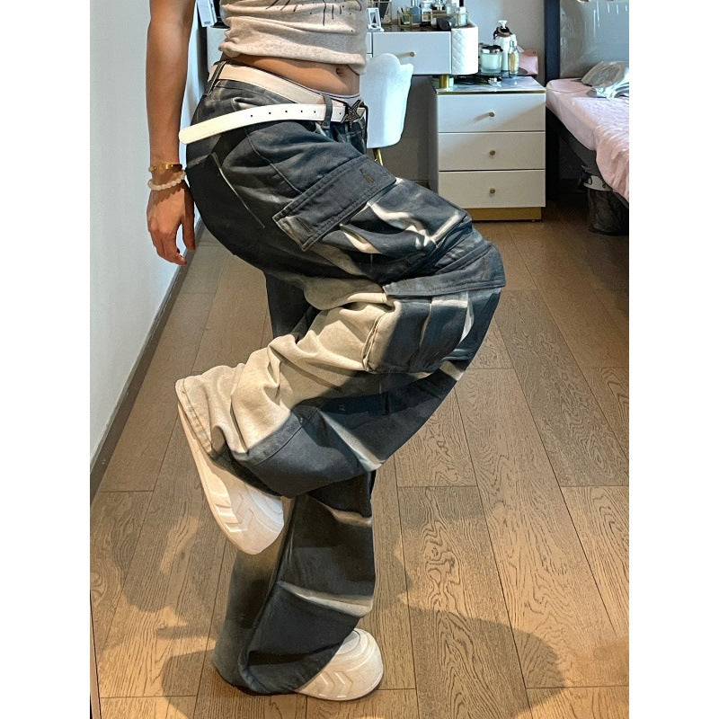 Heavy Industry Multi-pocket American Street Washed Denim Loose Cargo Pants