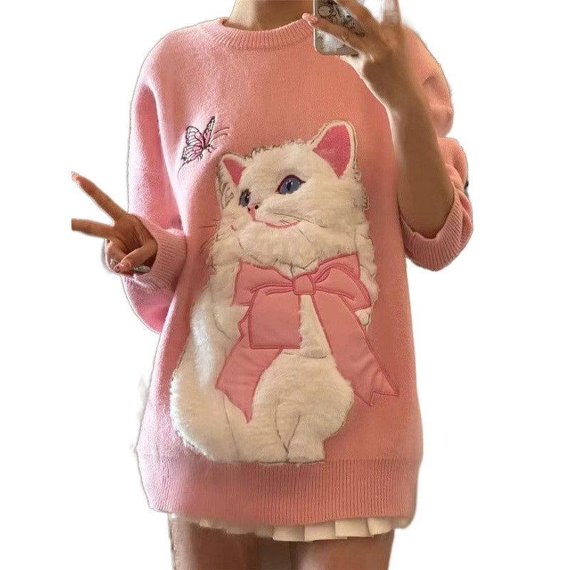 Autumn And Winter Thickening Sweater Dopamine Wear Salt Cute Flocking Cat Design Sweet Girl Style