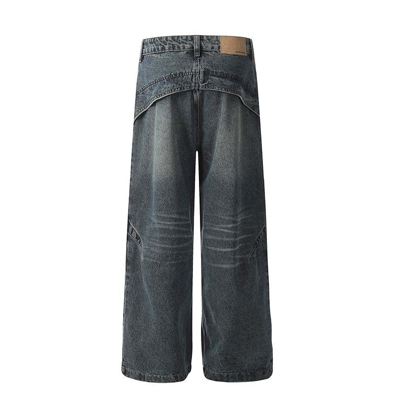 American Retro Heavy Industry Deconstruction Stitching Wide Leg Jeans Men
