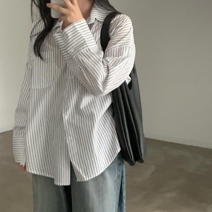 All-match Single-breasted Lapel Long Sleeve Bottoming Striped Shirt