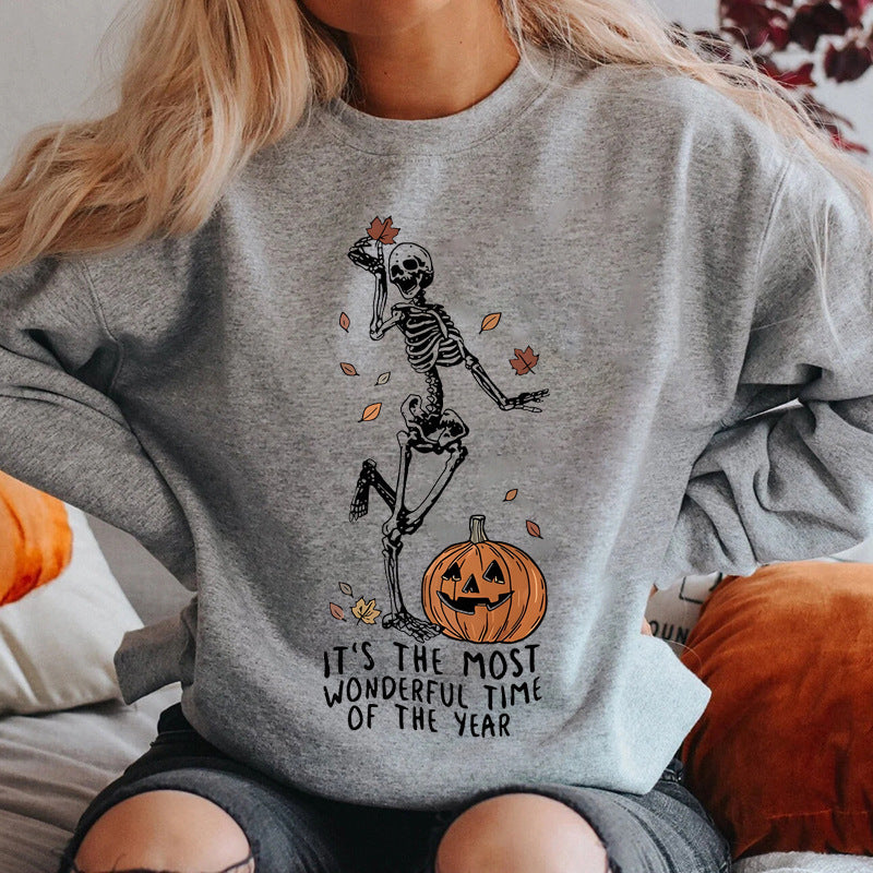 Halloween Skeleton & Pumpkin Print Sweatshirts Casual Long S