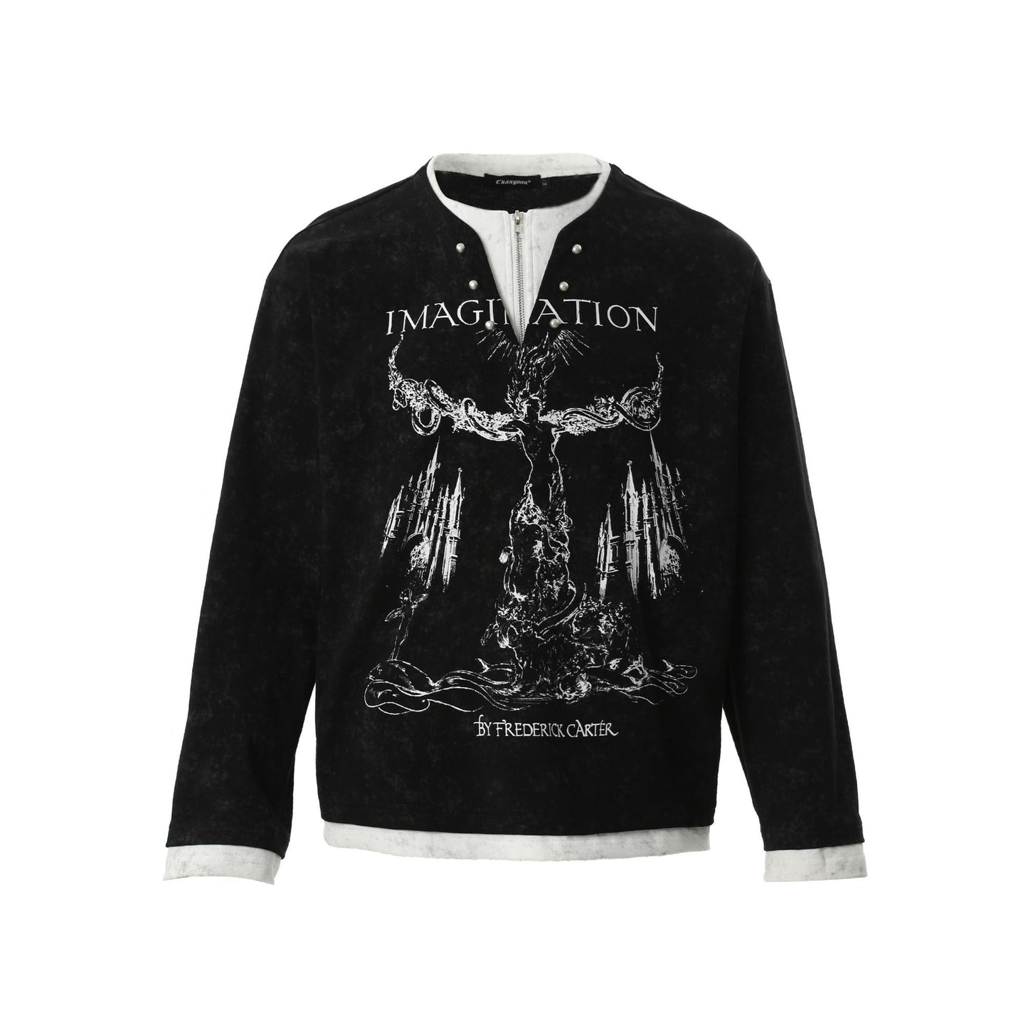 American Retro Punk Printed Pearl Buckle Fake Two-piece Long Sleeve