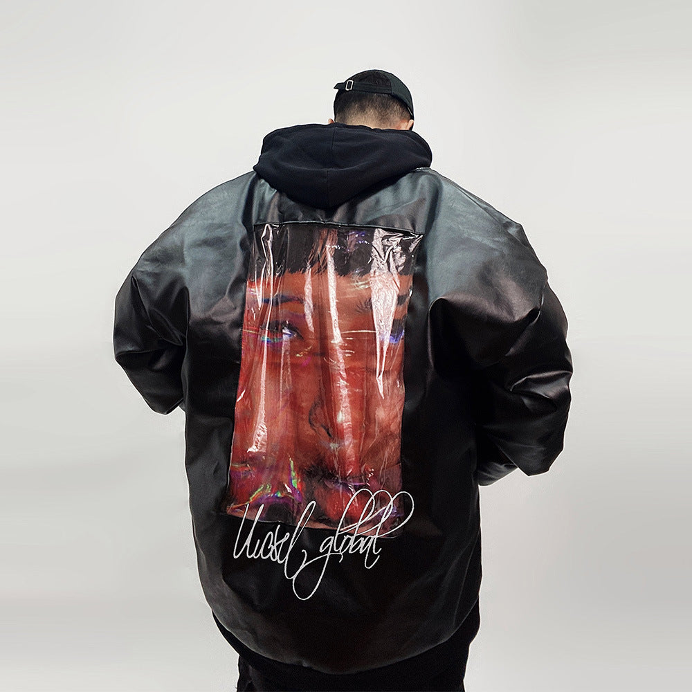 Winter Warm White Duck Down Jacket American Style Loose PU Leather Baseball Uniform Thickened Jacket