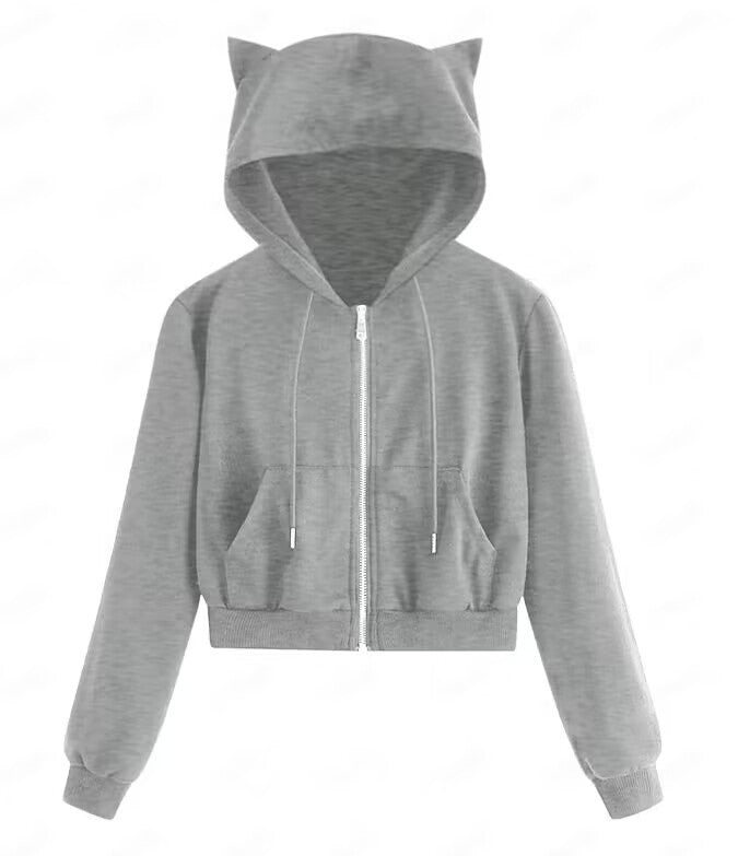 Sweater Rabbit Ears Zipper Hooded Rope