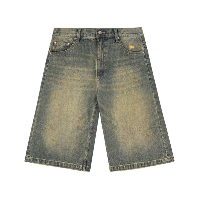 Washed Casual Baggy Straight Trousers Middle Ripped Cropped Pants