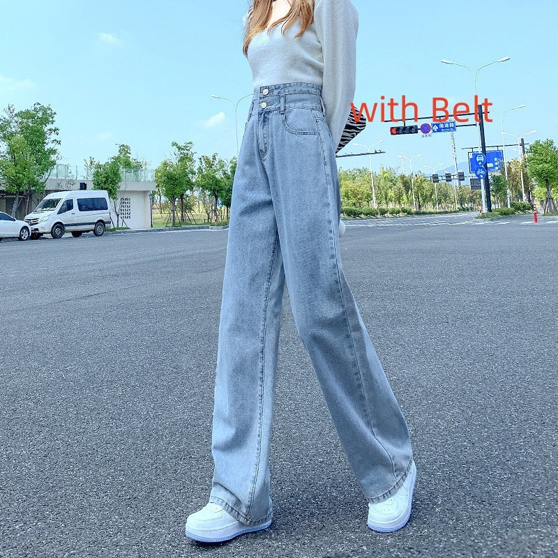 Women's High Waist Straight Loose Slimming Small Wide Leg Jeans
