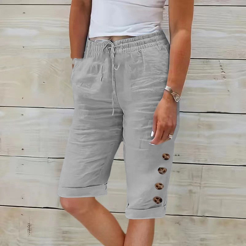 Summer Elastic Waist Solid Color Cotton Linen Wide Leg Pants