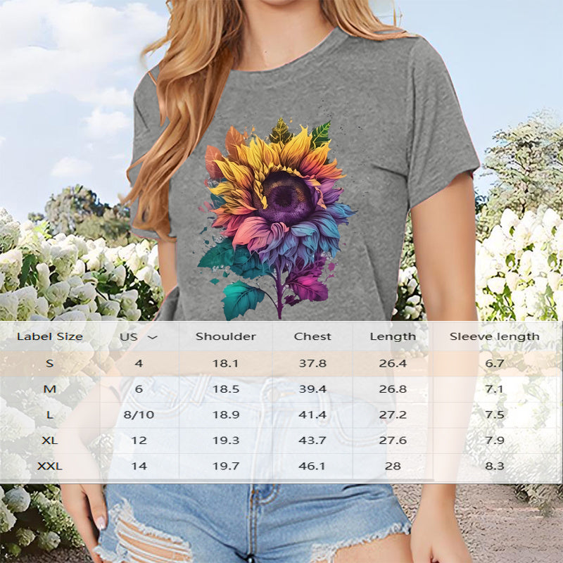 Women's Short Sleeve Round Neck T-Shirt - Colorful Sunflower Print Summer Casual Top