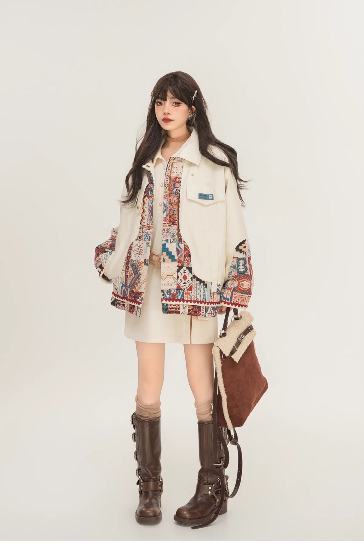 Jacquard Splicing Motorcycle PU Leather Jacket