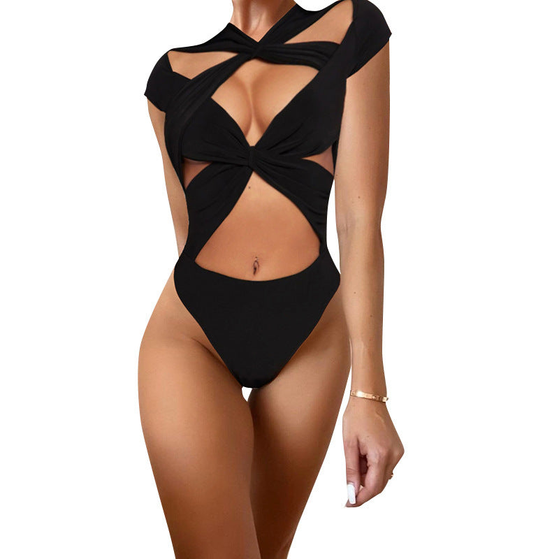 Lace-up Cross Hollow Short Sleeve Rompers