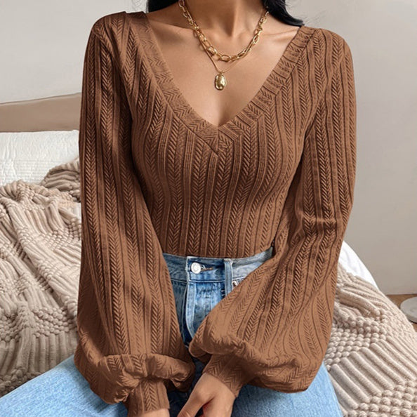 Puff Sleeve Shirt Slim-fit Elegant Twist Knitted Long-sleeved Top