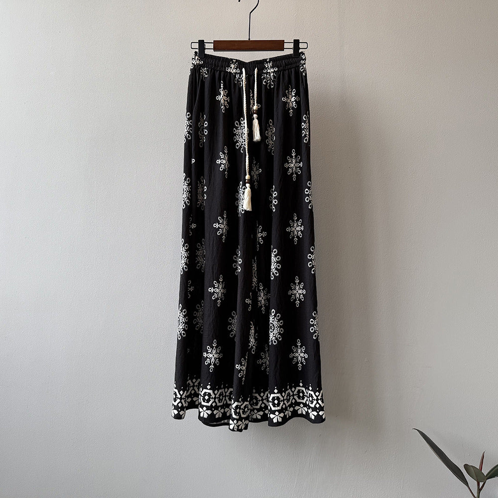 Women's Vintage Printed Drawstring Wide-leg Pants