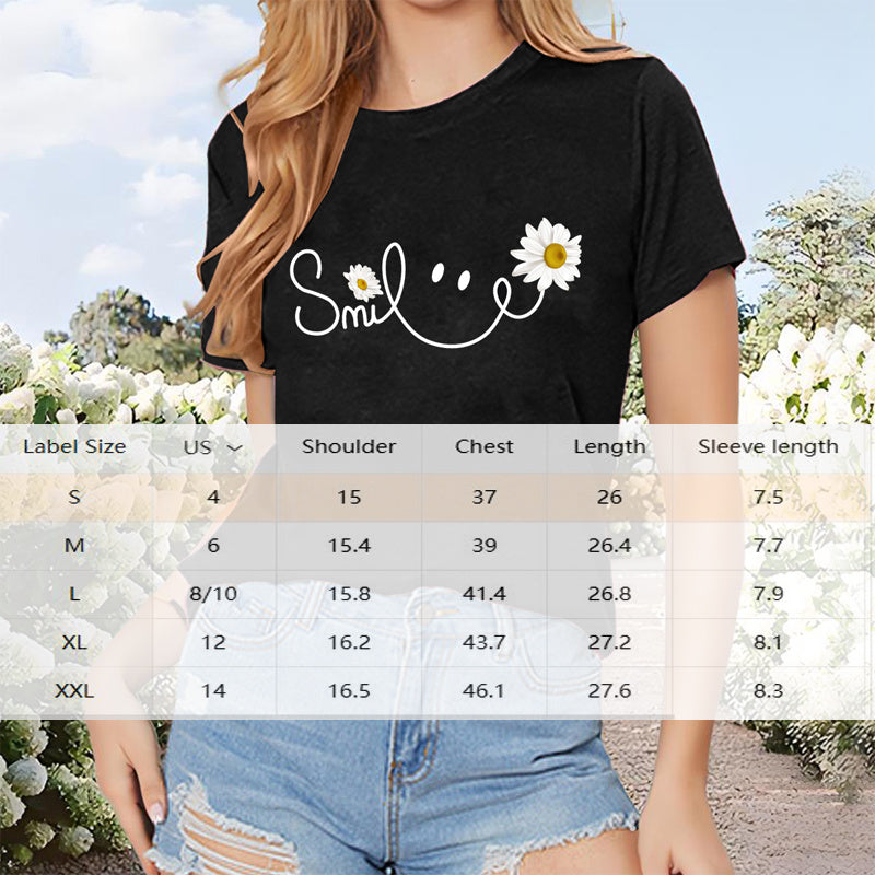 Women'S Casual Crew Neck T-Shirt With 'Smile' Letter Print & Sunflower Graphic Summer For Top