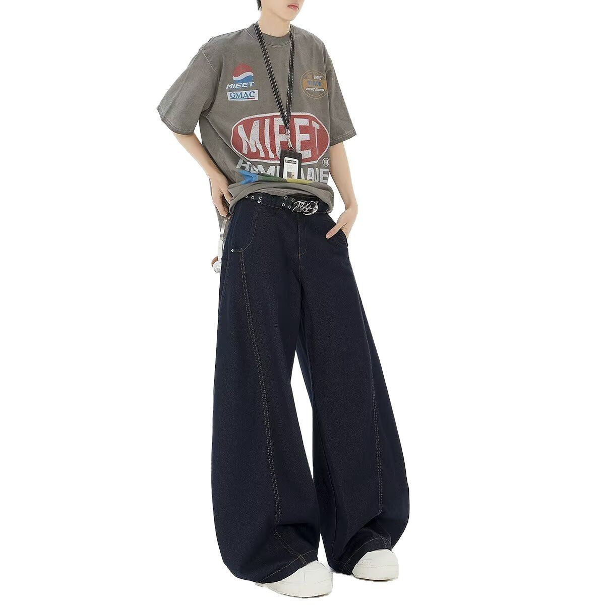 High Waist Dark Blue Wide Leg Jeans