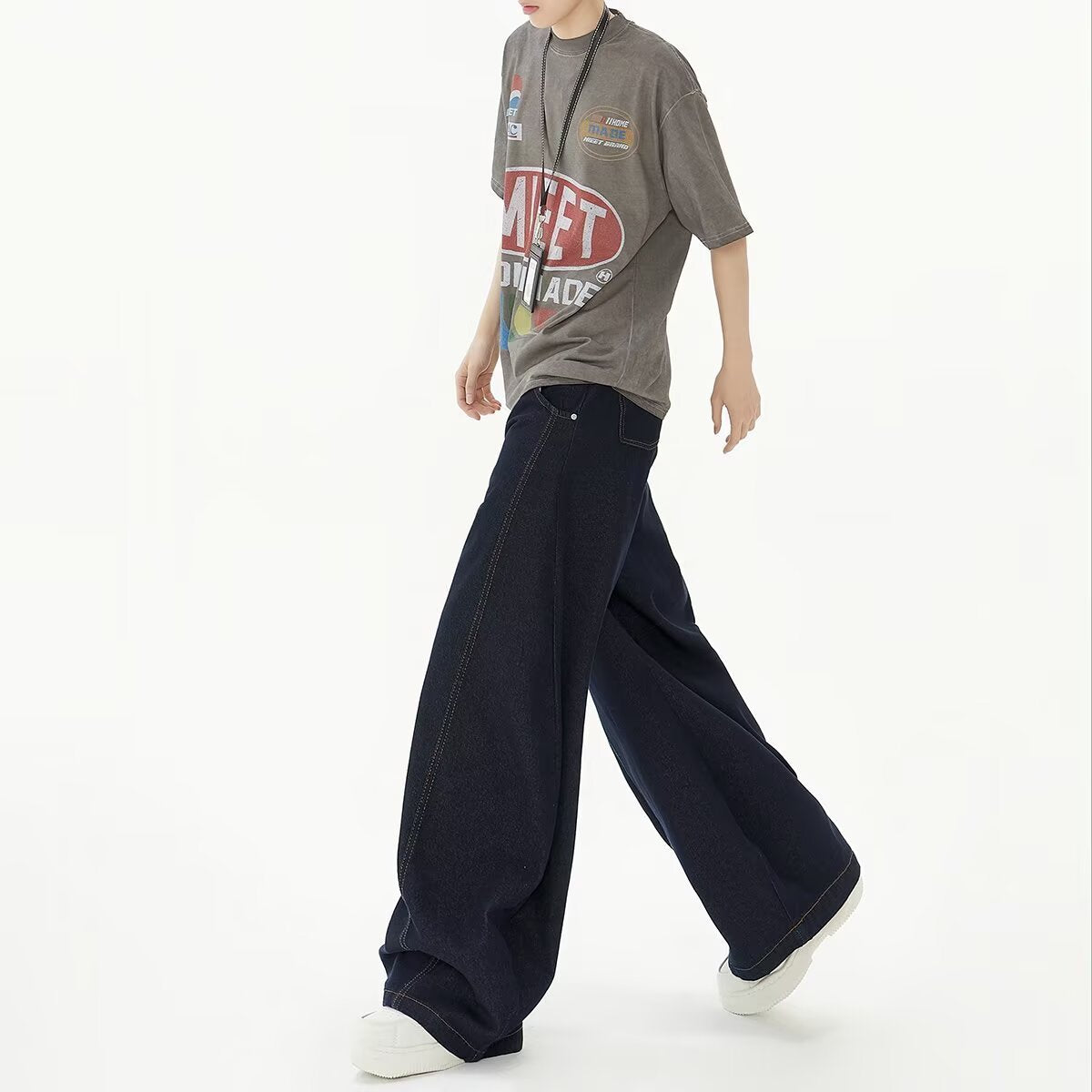 High Waist Dark Blue Wide Leg Jeans
