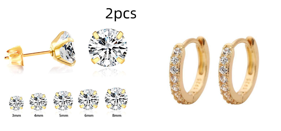 Simple Temperament Four-grab Round White Diamond Earrings Stainless Steel Fine Needle Earrings