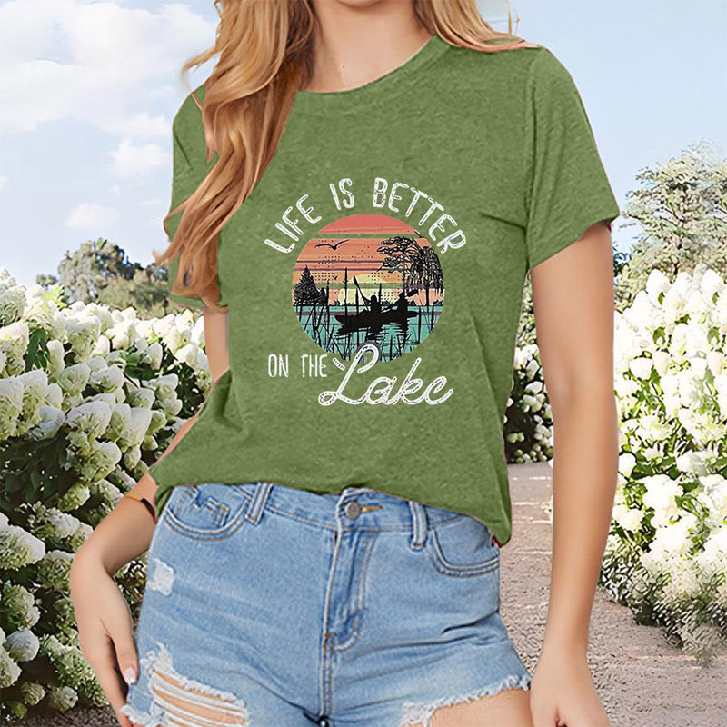 Women's Lakeside Rowing Scene Print Short Sleeve T-Shirt Casual Crew Neck Summer Top