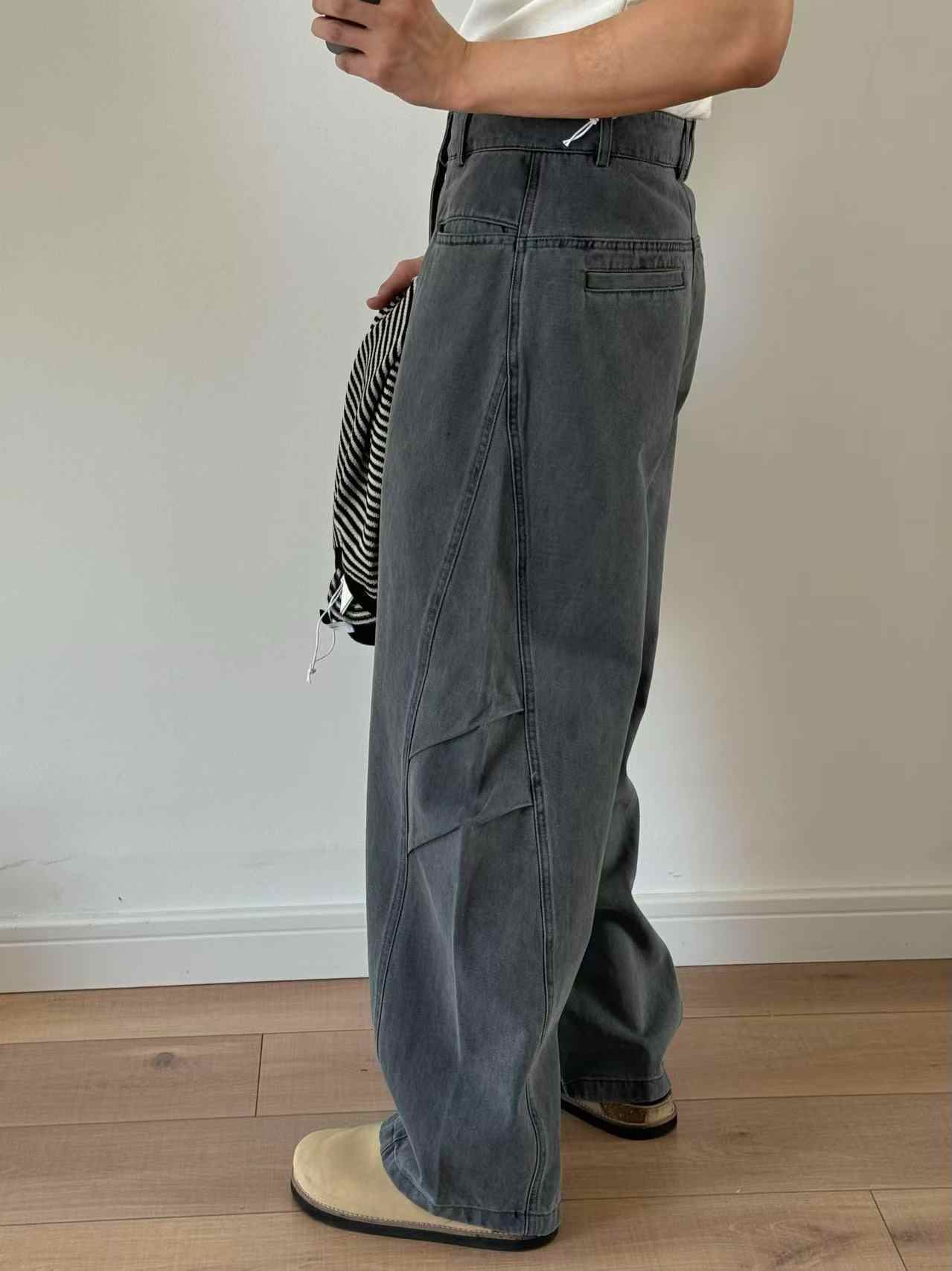 Three-dimensional Cut Pleated Washed All-match Matchet Pants White Unifrom Casual Jeans