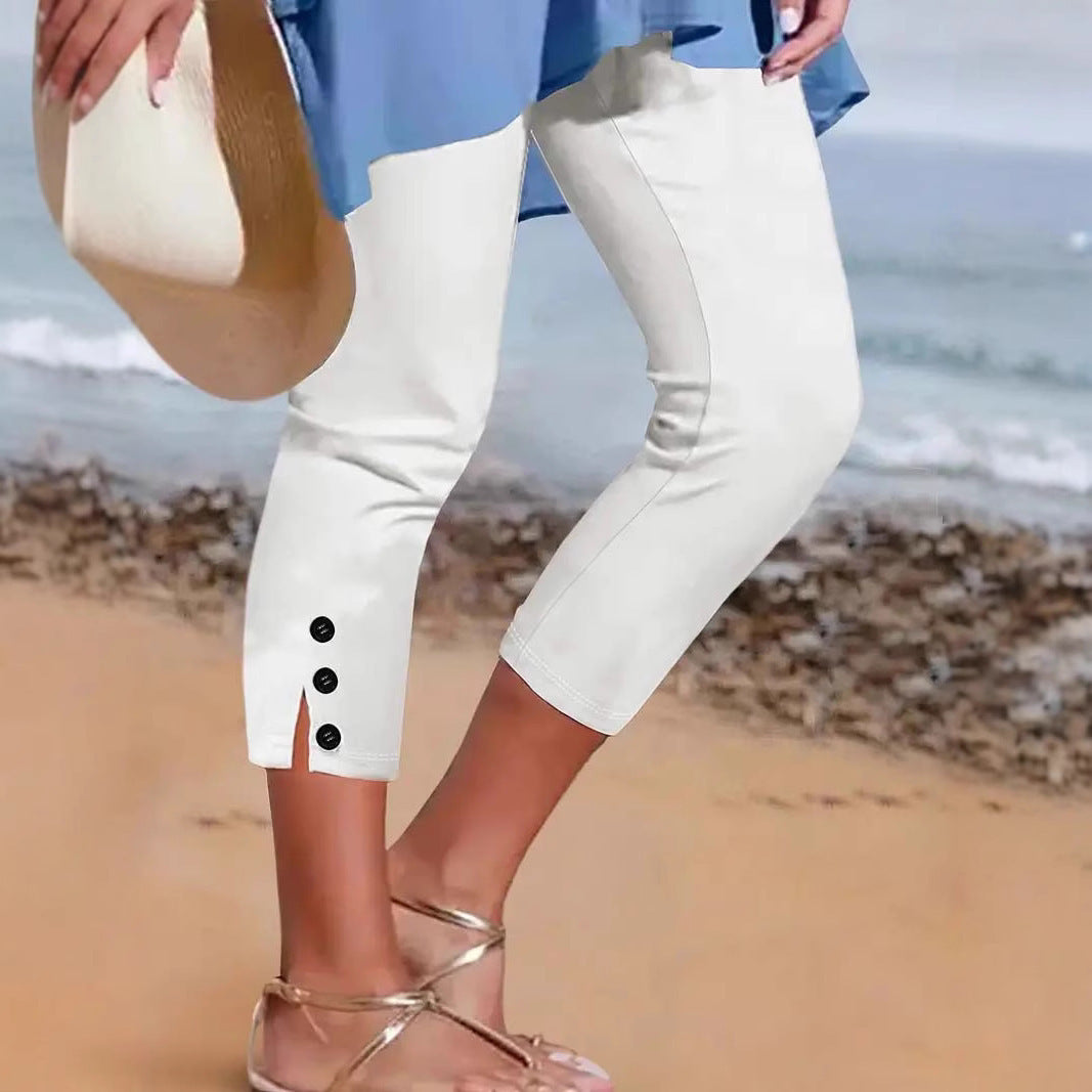 Mid-waist Elastic Solid Color Cropped Pants Tight Button Casual Pants For Women