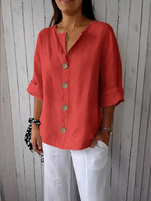 Summer New Loose T-shirt Women's V-neck Solid Color Button Three-quarters Sleeve Top