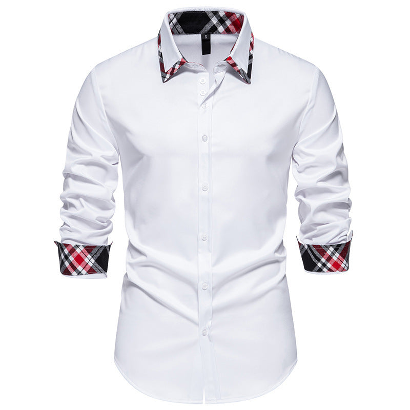 Men's Plaid Contrast Color Triangle Collar Long Sleeve Shirt