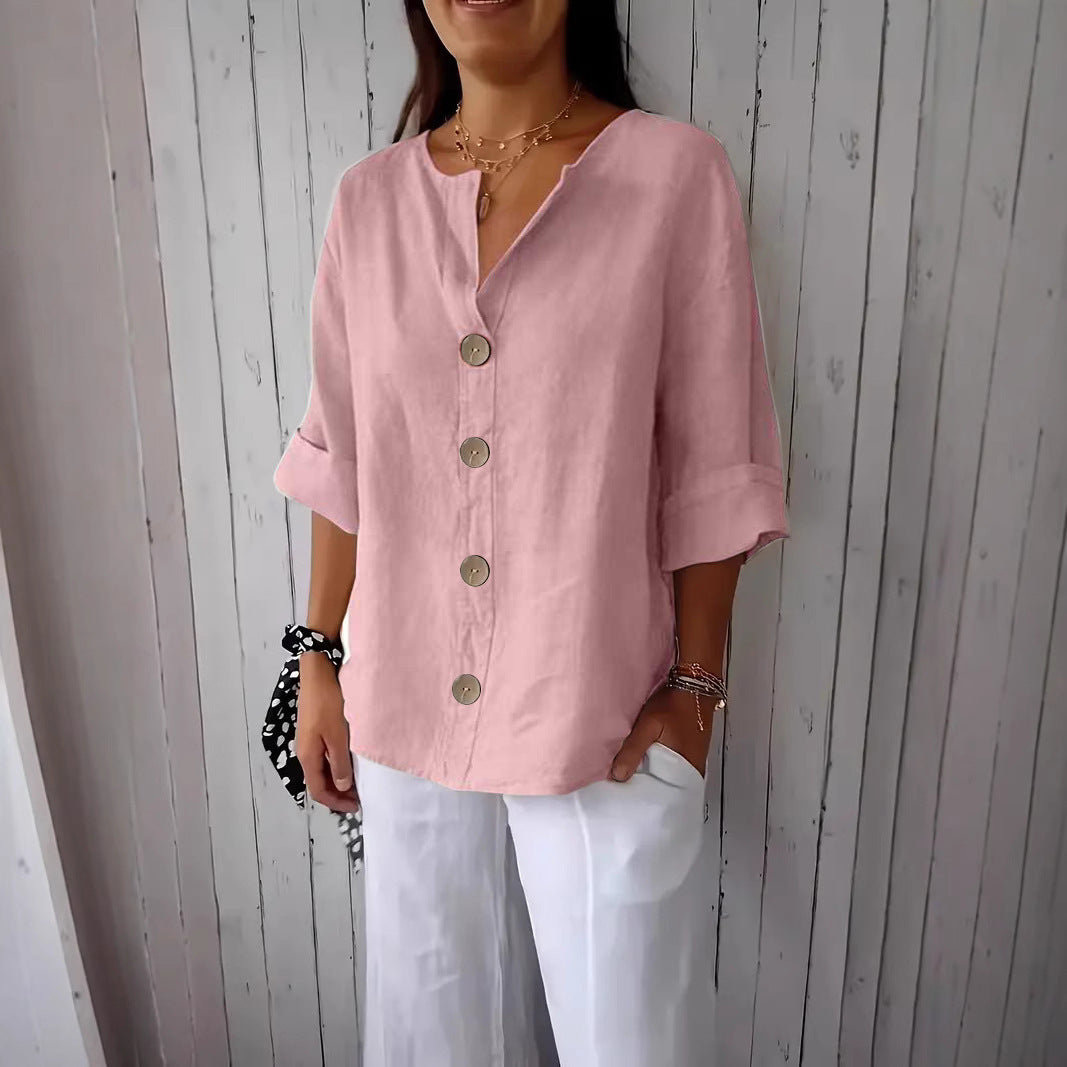 Summer New Loose T-shirt Women's V-neck Solid Color Button Three-quarters Sleeve Top
