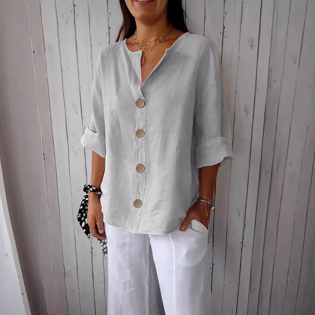 Summer New Loose T-shirt Women's V-neck Solid Color Button Three-quarters Sleeve Top
