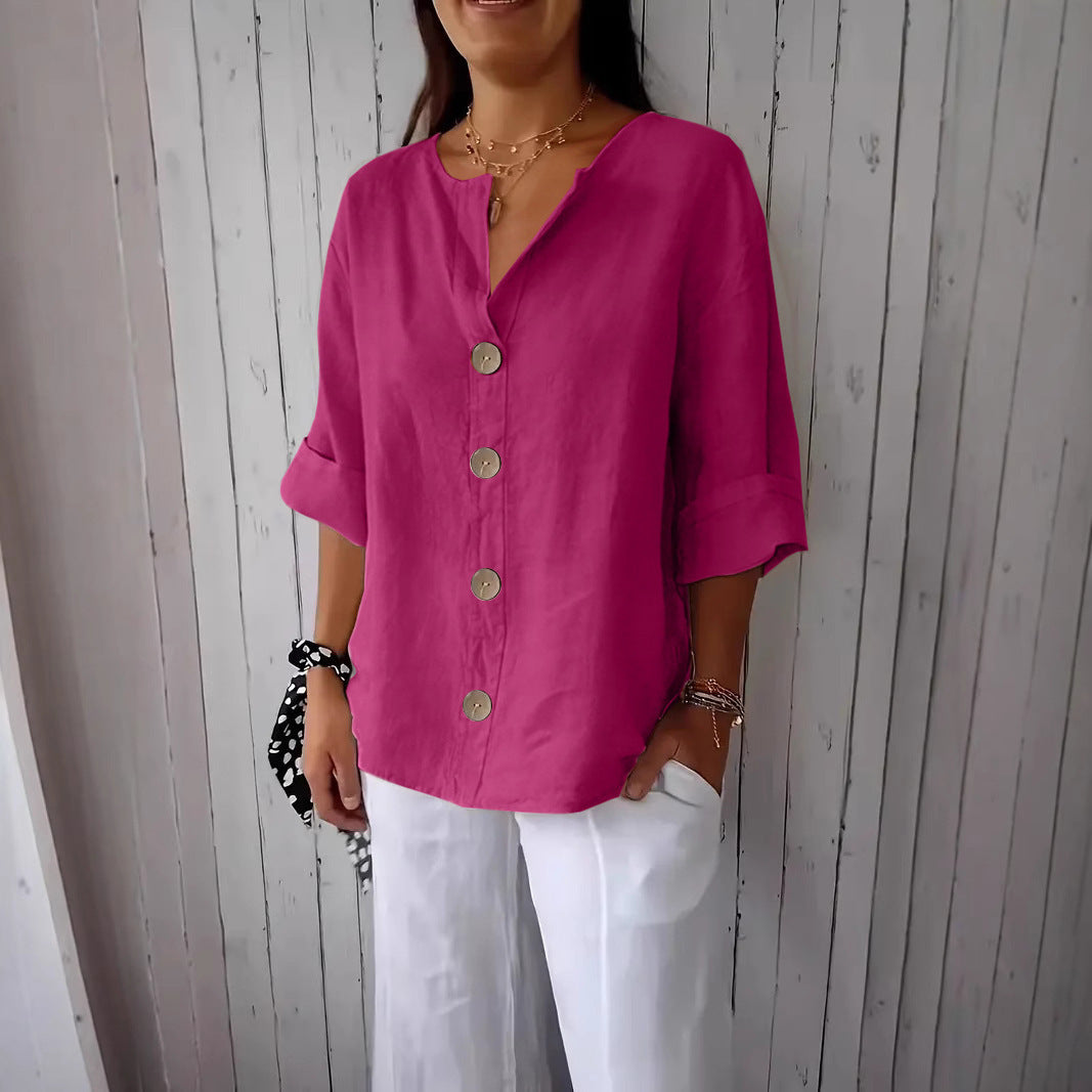 Summer New Loose T-shirt Women's V-neck Solid Color Button Three-quarters Sleeve Top