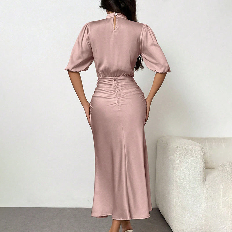Women's Short Sleeve Mock Neck Ruched Party Dress