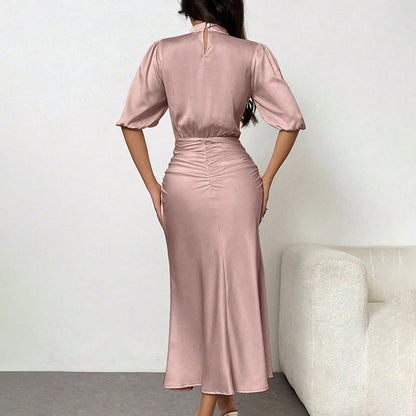 Women's Short Sleeve Mock Neck Ruched Party Dress