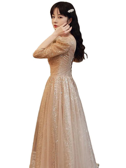 New Champagne V-neck Sequined Atmosphere Dress For Women - Ocean Vault