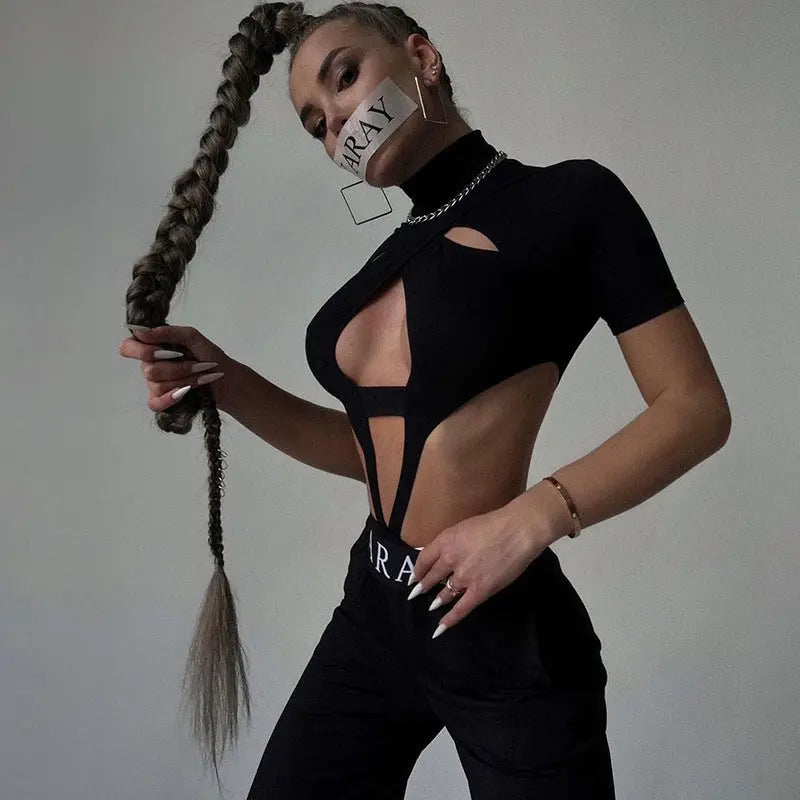 Style Spring New Sexy Cross Hollow High Collar Short Sleeve Rompers - Ocean Vault