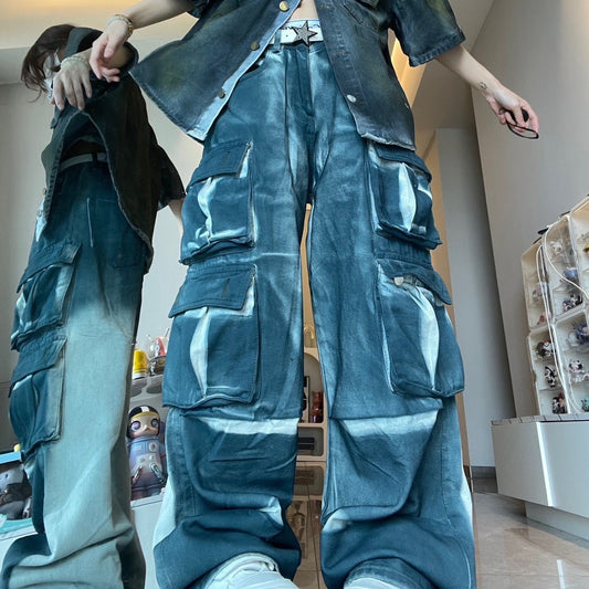 Heavy Industry Multi-pocket American Street Washed Denim Loose Cargo Pants