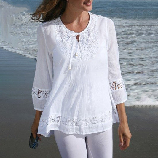 New Spring Autumn Cotton Hemp Splicing Lace Style Three Quarter Sleeve Loose Women's Top T-shirt