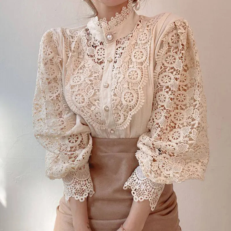 Elegant Women's Vintage Pearl Button Lace Blouse - Puff Sleeve Semi-Sheer Ruffled Stand Collar Shirt Spring&Summer Office & Vacation Top - Ocean Vault