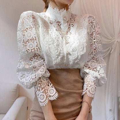 Elegant Women's Vintage Pearl Button Lace Blouse - Puff Sleeve Semi-Sheer Ruffled Stand Collar Shirt Spring&Summer Office & Vacation Top - Ocean Vault