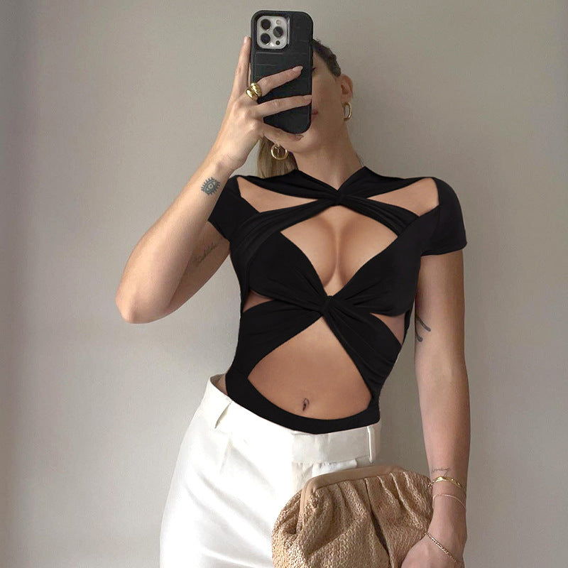 Lace-up Cross Hollow Short Sleeve Rompers