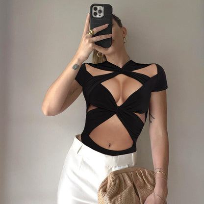 Lace-up Cross Hollow Short Sleeve Rompers