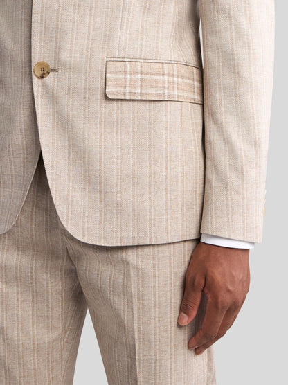 Men's Light Brown Pinstripe Suit Set With Subtle Plaid Details