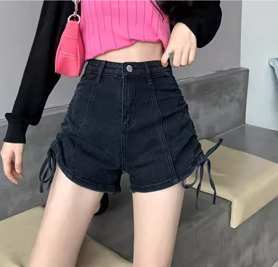 Thin Drawstring Design With A-line Wide Leg Denim Shorts For Women