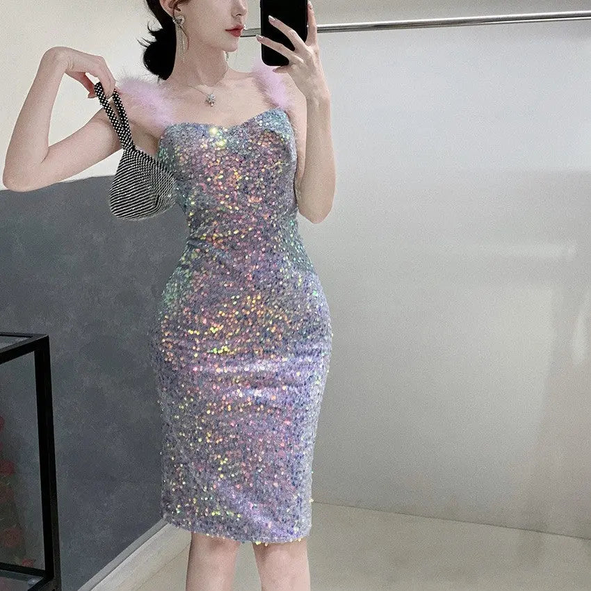 Elegant Shoulder-baring One-word Socialite Gathering Dress - Ocean Vault