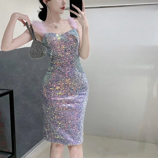 Elegant Shoulder-baring One-word Socialite Gathering Dress - Ocean Vault