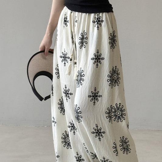 Women's Vintage Printed Drawstring Wide-leg Pants