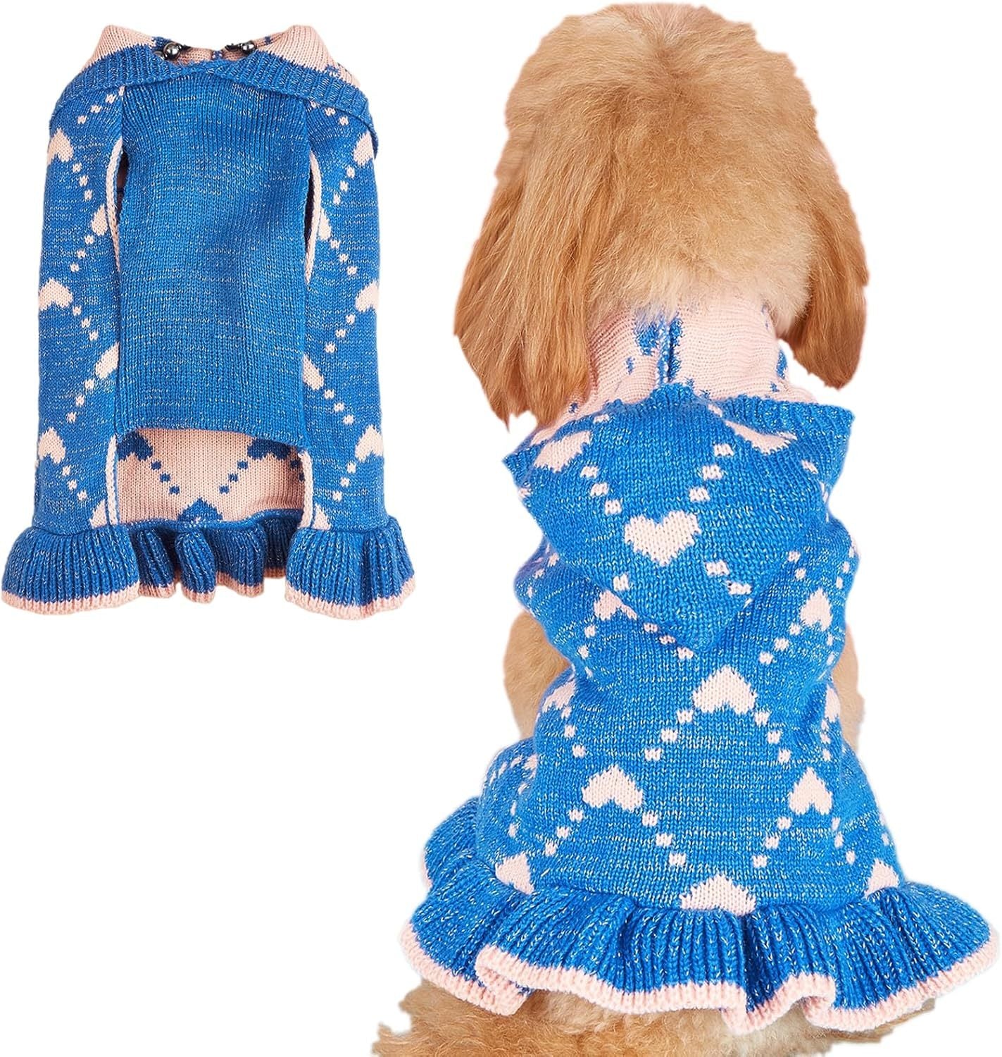 Small Dog Sweater Hoodies Dress Winter Knit Cute Clothing Heart Puppy Clothes For Dogs Cats Soft Warm Pet Outfits With Leash Hole