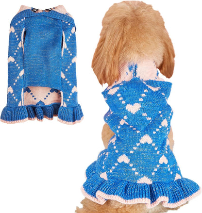 Small Dog Sweater Hoodies Dress Winter Knit Cute Clothing Heart Puppy Clothes For Dogs Cats Soft Warm Pet Outfits With Leash Hole