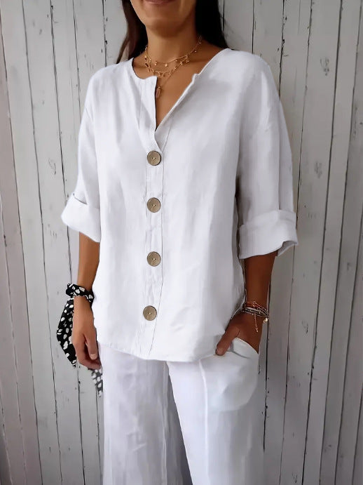 Summer New Loose T-shirt Women's V-neck Solid Color Button Three-quarters Sleeve Top